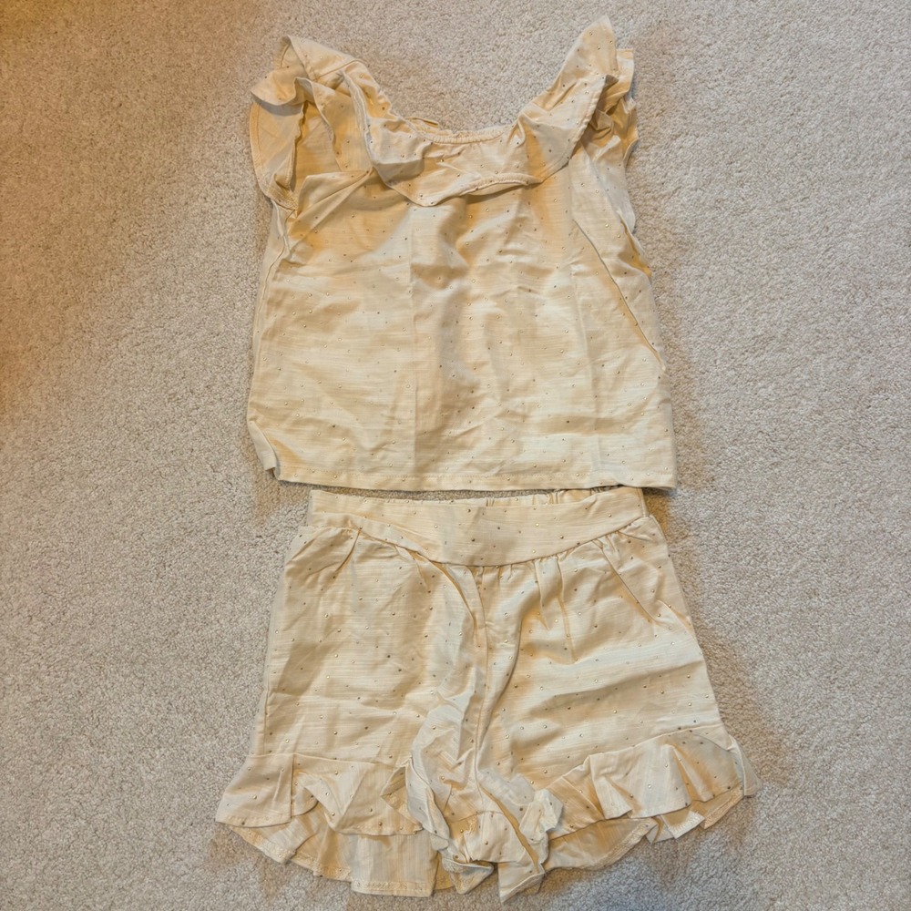 French Connection 2pc Ruffle Outfit Top Shorts Cream Polka Dot Girls Small NWOT